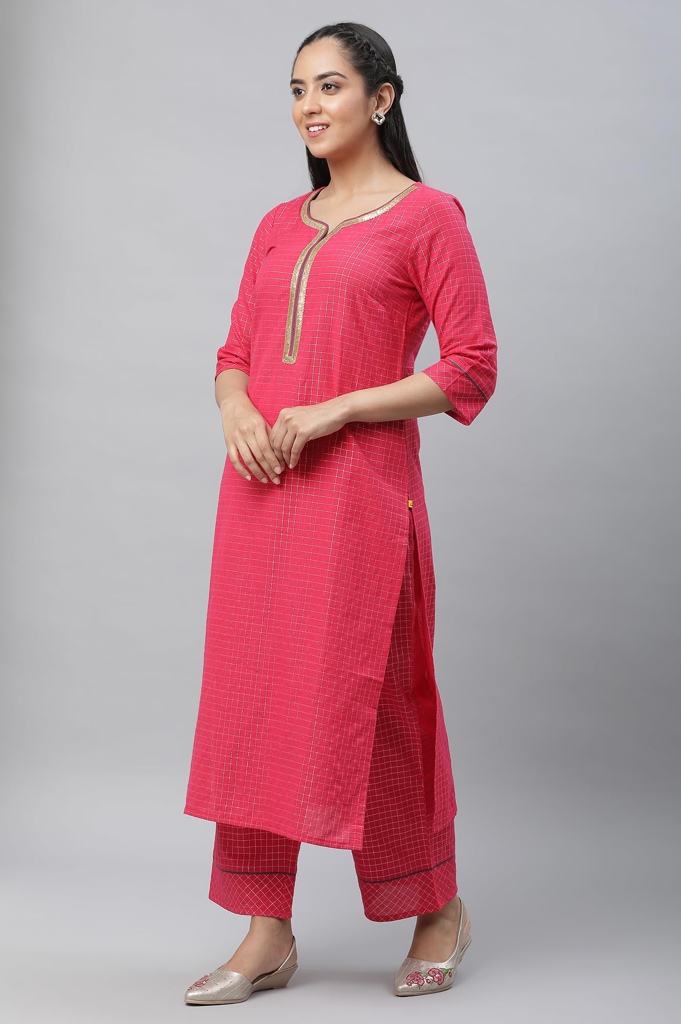 Aurelia Pink Checked Cotton Lace Kurta Dupatta Bottomwear Set