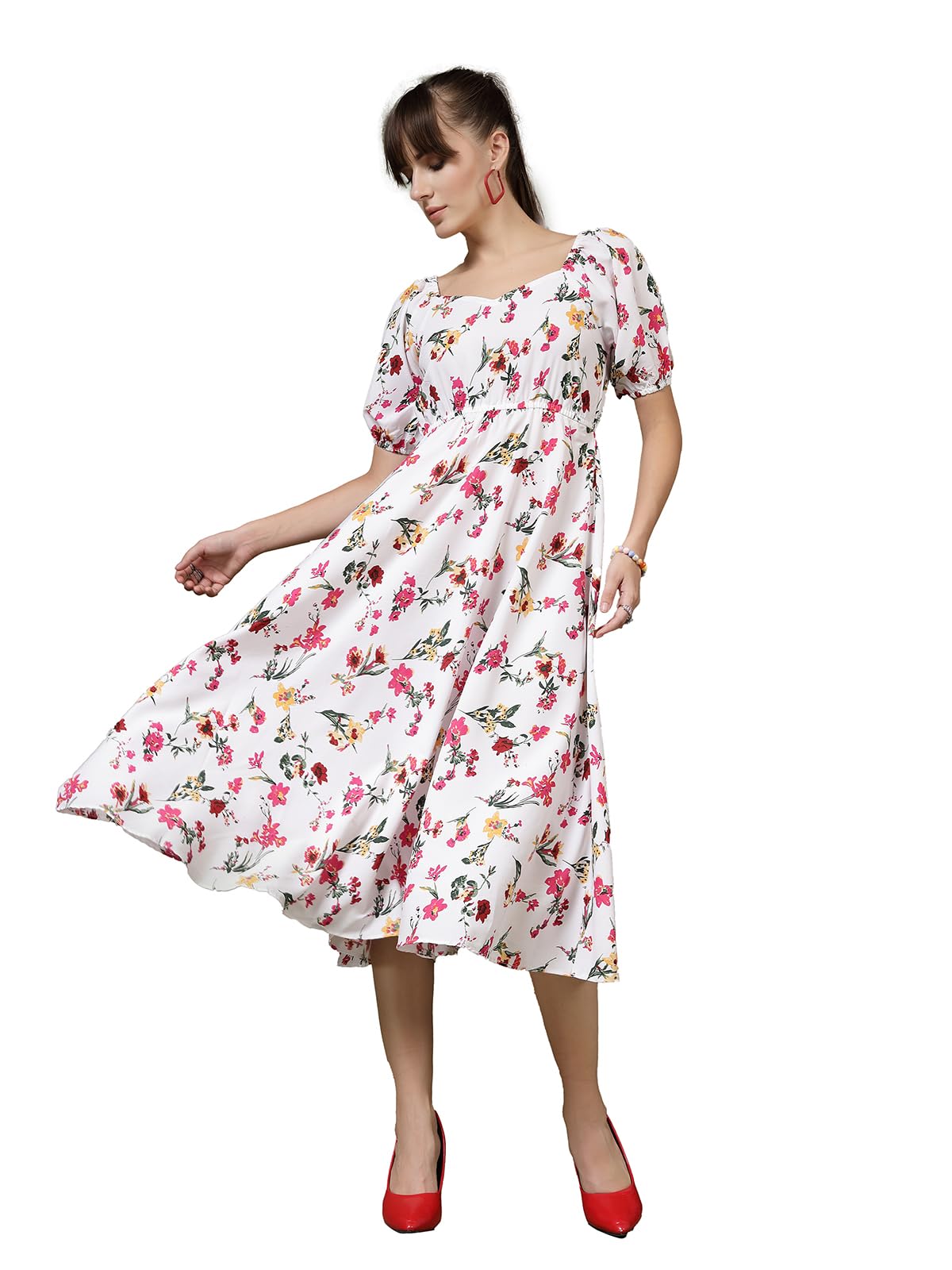 Oomph! Flared Dress For Women Stylish | Long One Piece For Women | Puff Sleeve Long Dress | Floral Print Maxi One Piece | Wester