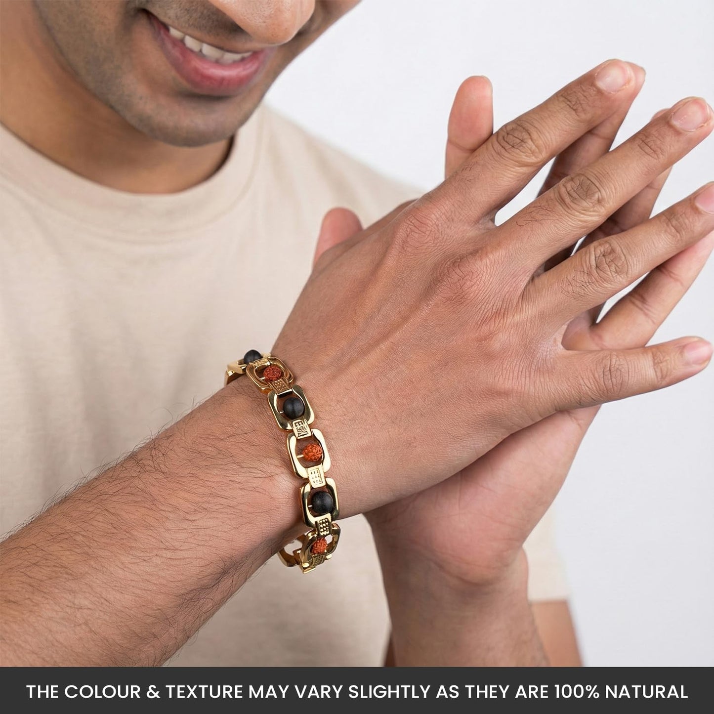 Astrotalk Metal Rudraksha & Karungali Bracelet (Gold) | Spiritual Protection & Mental Peace Energy | Ebony Wood & 5 Mukhi Rudraksha Healing Bracelet for Man & Women | Gift for Man & Woman