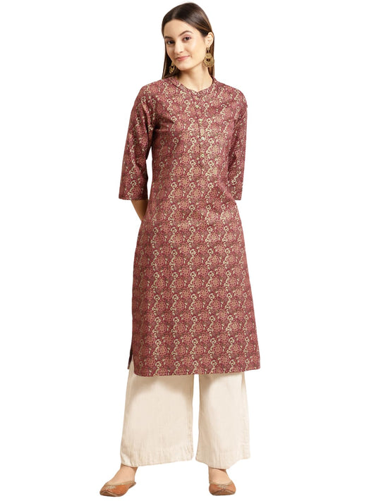 rangita Magenta Cotton Flex Calf Length Printed Straight Kurti for Women | Kurta for Women