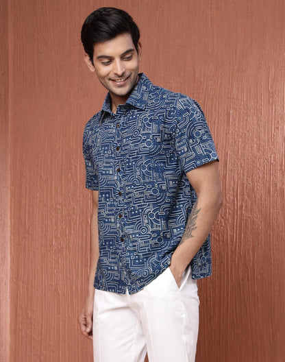Fabindia MenS Printed Straight Fit Shirt (1038598Blue_Blue