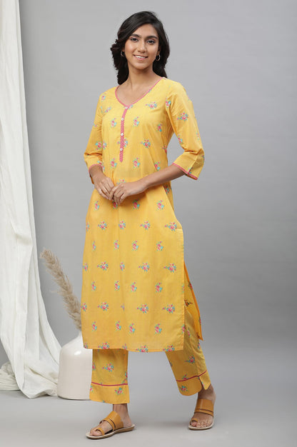 Aurelia Yellow Floral Printed Printed Lace Cotton Straight Long Kurta