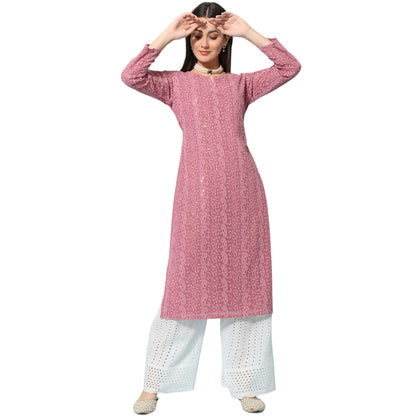 Gufrina WomenS Georgette Straight Kurta Palazzo With Notch Neck 3/4Th Sleeves Solid Pattern Chikankari Work Calf Length And Reg