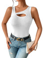 Sugathari Womens White Cut Out Asymmetrical Neck Rib Knit Jeans Korean Trendy Tank Western Tops for Women Stylish (T-Shirt 182