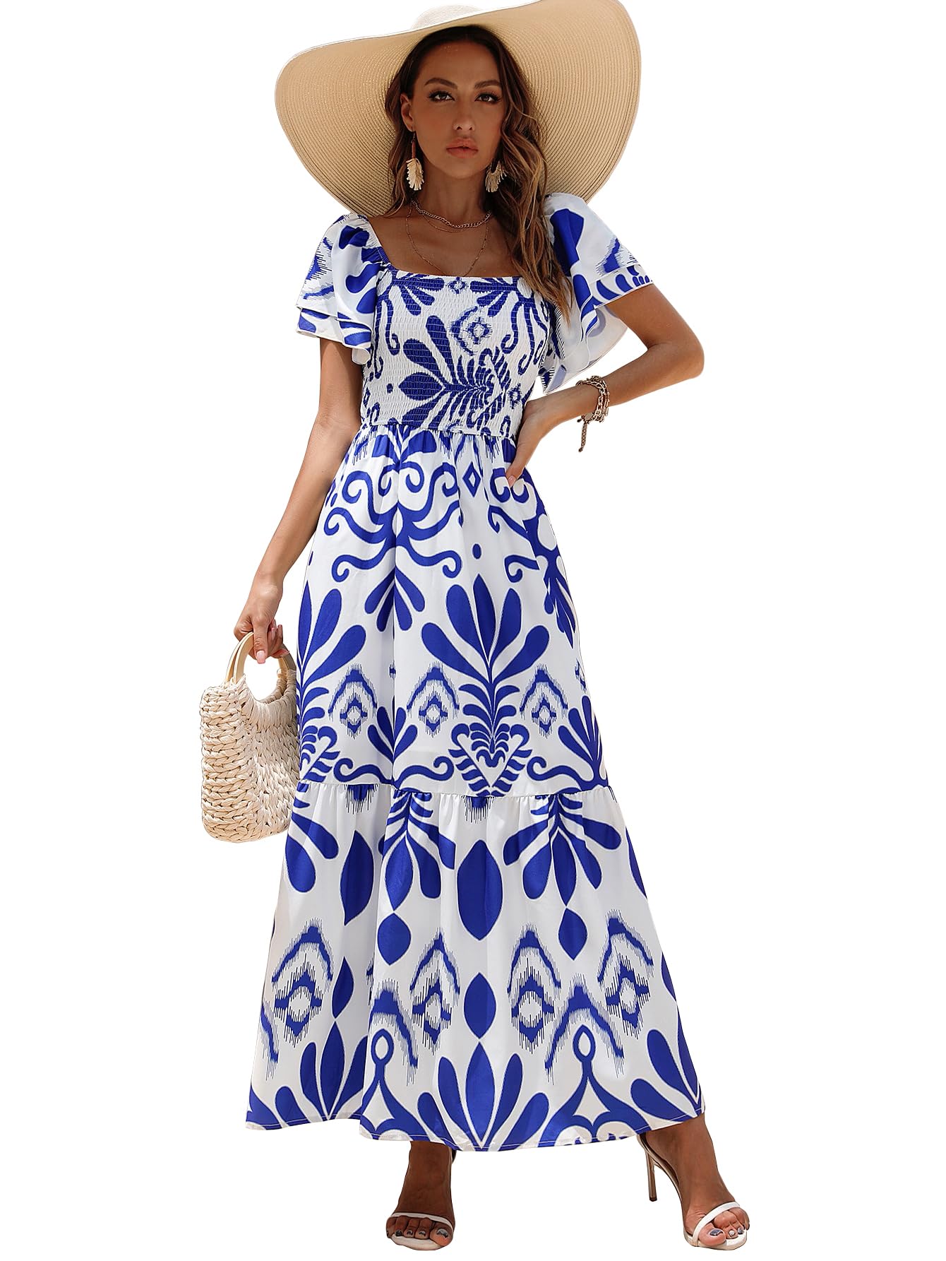 Shasmi GirlS & WomenS White And Blue Floral Print Layered Short Sleeve Square Neck Ruffle High Waist A Line Summer Long Maxi D
