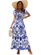 Shasmi GirlS & WomenS White And Blue Floral Print Layered Short Sleeve Square Neck Ruffle High Waist A Line Summer Long Maxi D