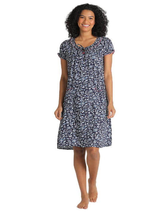 Evolove WomenS Viscose Liva Knee Length Short Night Gown Nighty Dress With Pocket, Super Soft Comfortable (Navy Blue, Sngry3025