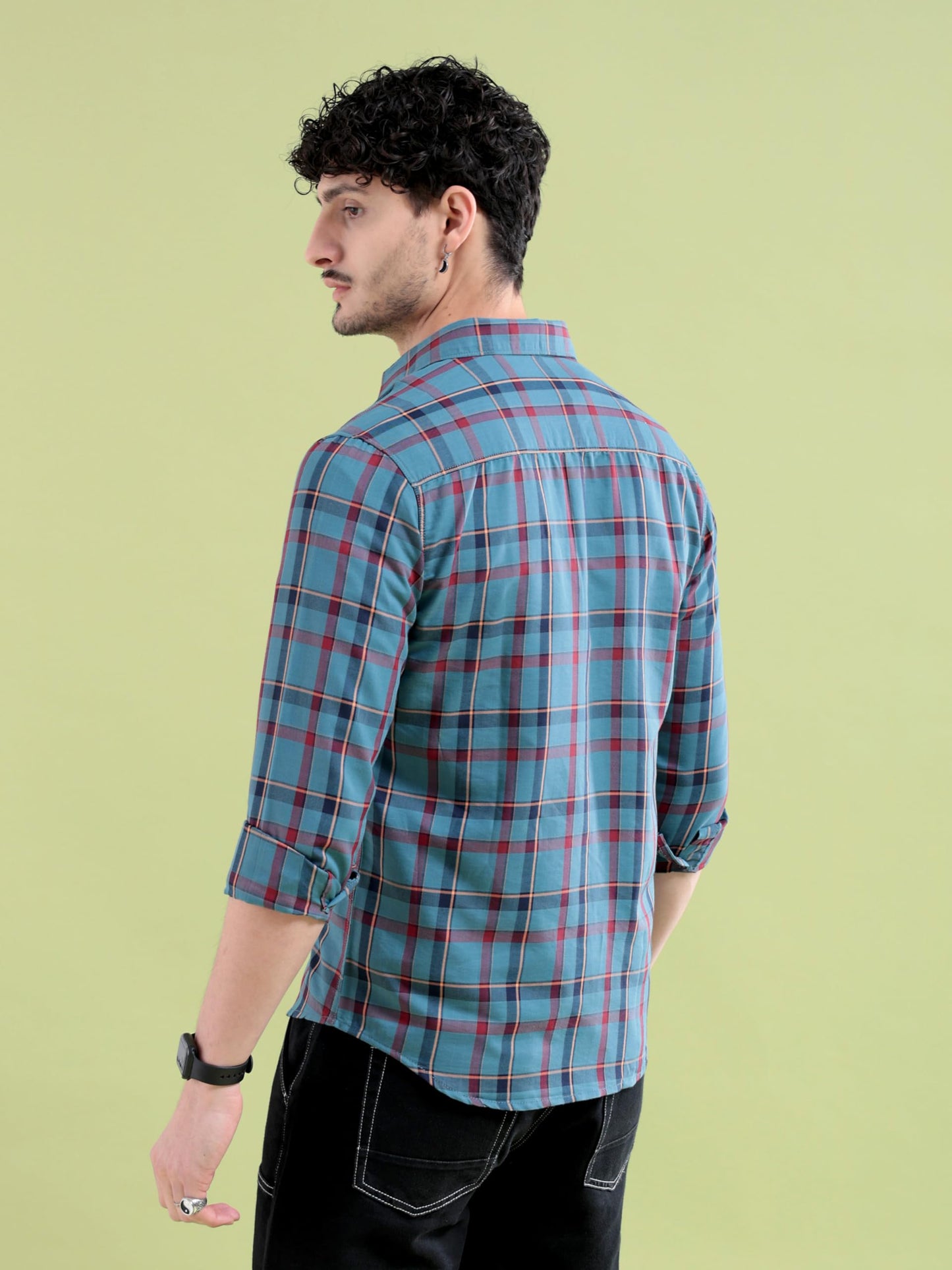 The Indian Garage Co Men Teal Checkered Slim Fit Cotton Casual Shirt