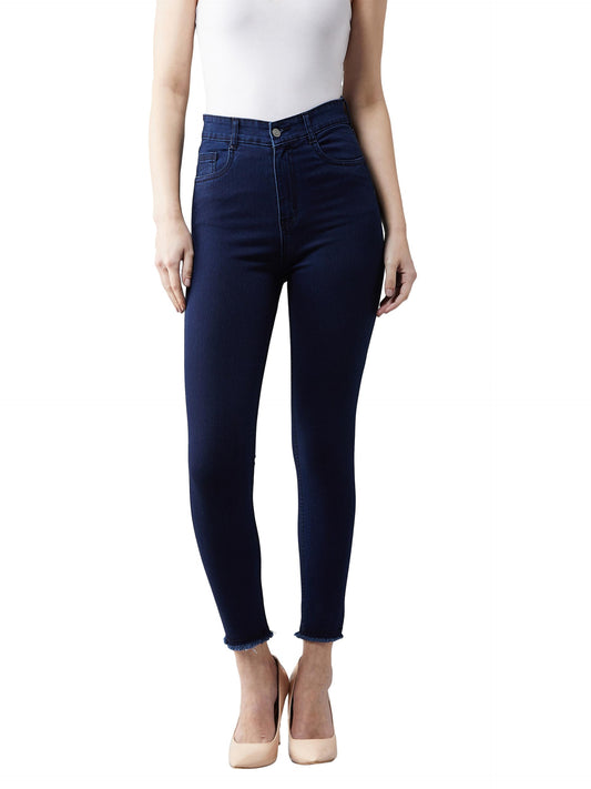 Dolce Crudo WomenS Navy Blue Skinny High Rise Solid Clean Look Cropped Fringed Hemline Stretchable Denim Jeans (Doss19Den08-23-7