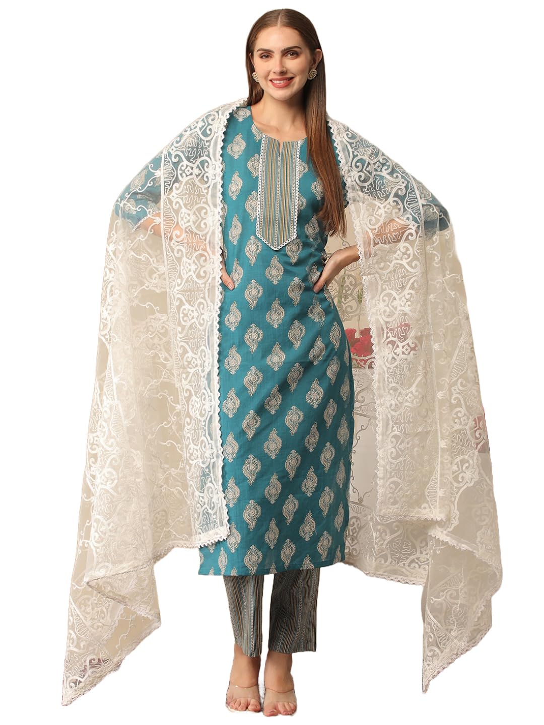 ANNI DESIGNER Ladies Cotton Blend Dupatta Kurta Trousers, green, S