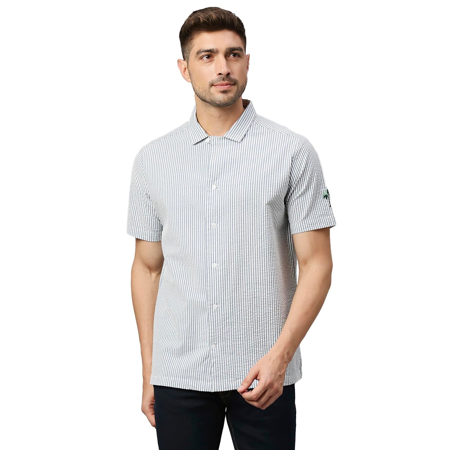 Thomas Scott Mens Striped Slim Fit Seersucker Casual Shirt with Camp Collar and Half Sleeve Blue