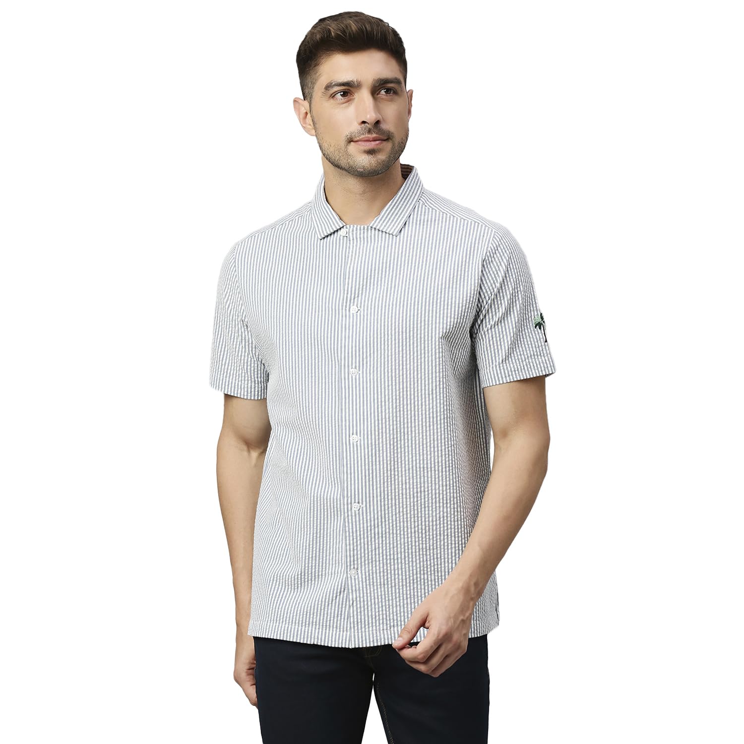 Thomas Scott Mens Striped Slim Fit Seersucker Casual Shirt with Camp Collar and Half Sleeve Blue
