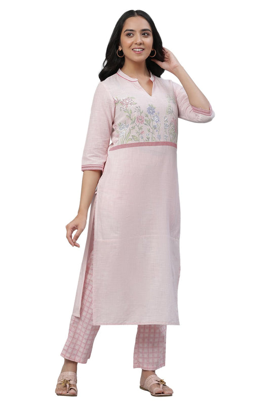 Aurelia Pink Floral Printed Printed Cotton Straight Long Kurta