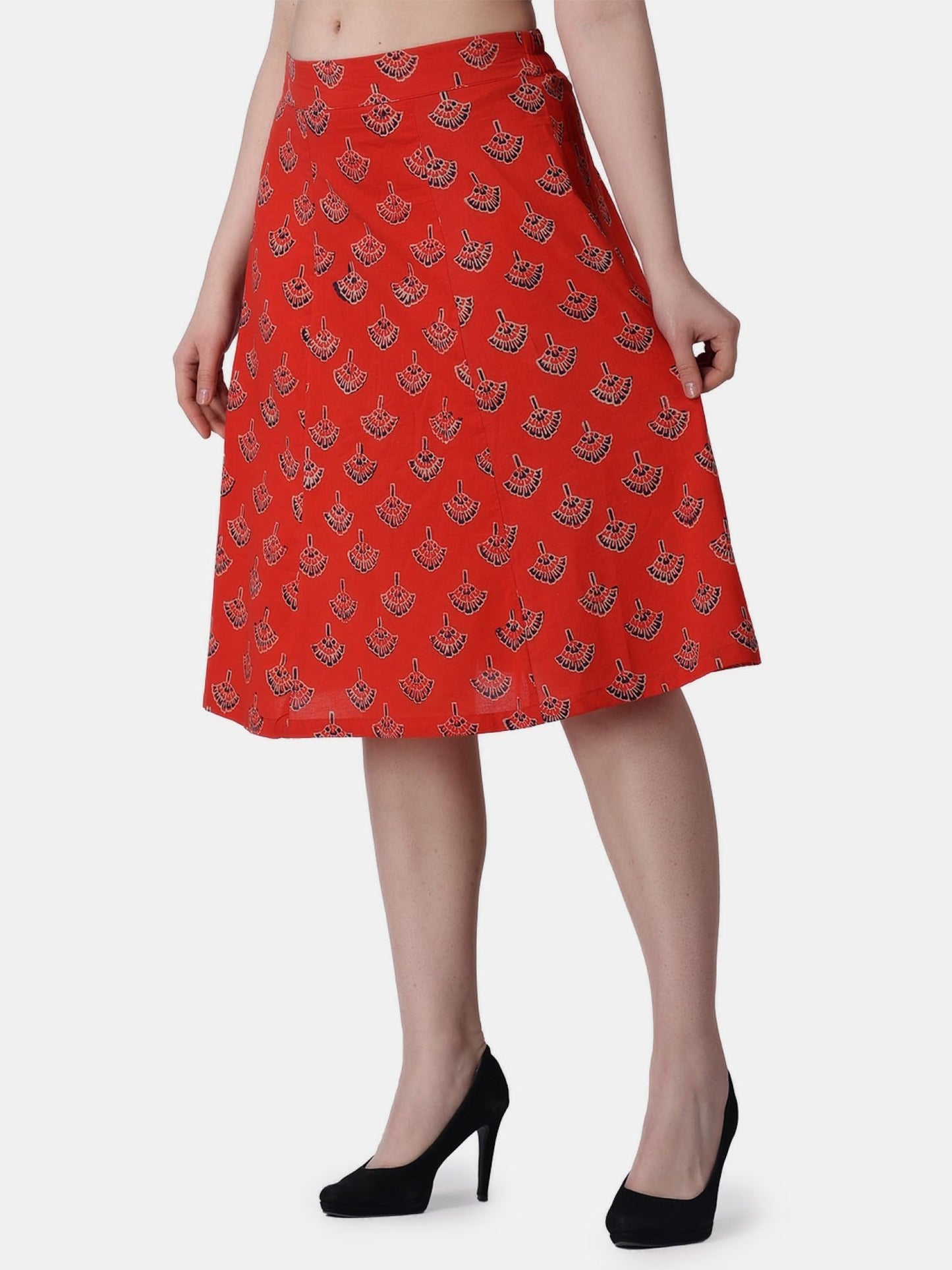 POPWINGS Casual Bagru Printed A Line Knee-Length Skirt for Women | Summer Skirt for Women | Ethnic Skirt for Women Red