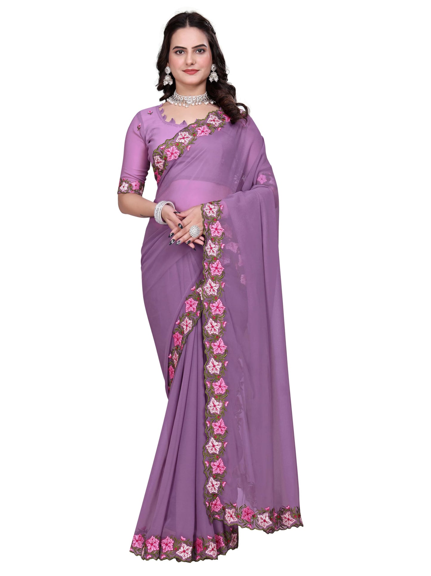 Suketa WomenS Soft Georgette Saree With Floral Printed Border Unstitched Blouse Piece Solid Pattern | Saree For Woman Daily Wear