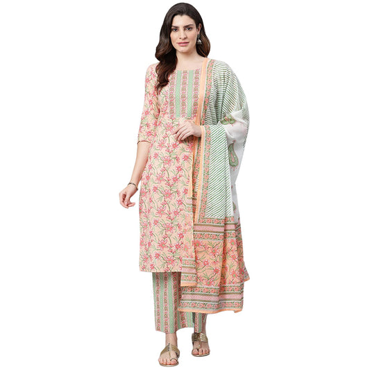 idaLia Cotton Kurta Set with Dupatta for Women - Printed Straight Kurta & Palazzo Pant, 3/4 Sleeve, Round Neck, Calf Length