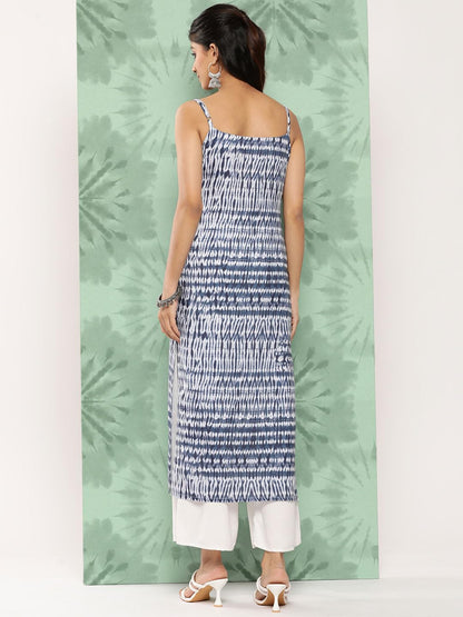 Blue And White Shibori Printed Spaghetti Strap Style Straight Kurta With Side Slits, With Adjuster Details On Strap