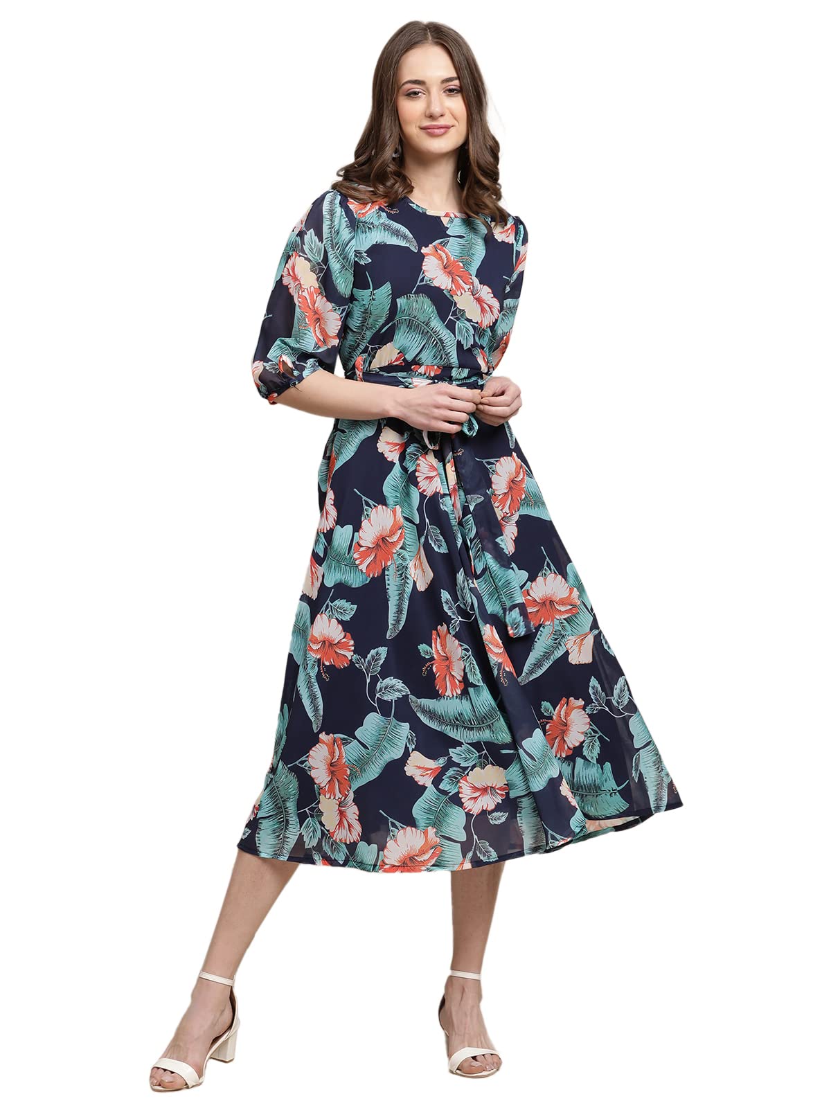 Preneum Womens Maxi Fit & Flare Latest Style Print Georgette Regular Sleeves Casual Summer Maxi Dress || Festival & Occasion, N