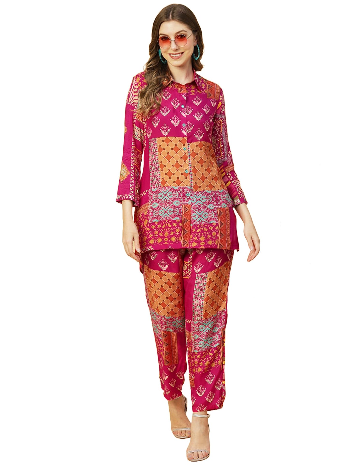 ANNI DESIGNER Womens Cotton Blend Straight Floral Printed Co-Ord Set (ABC Cod Pink-Nw_S_Pink_Small)