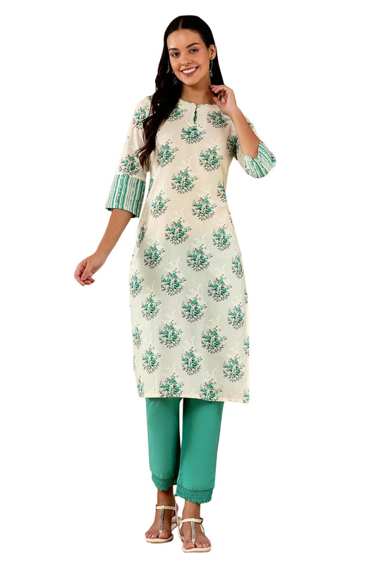 W Green Floral Printed Cotton Regular Kurta For Women