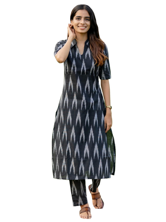 GoSriKi Ikat Printed Cotton Kurta Set for Women | Soft Fabric | Stylish Ethnic Costume, Black, 44