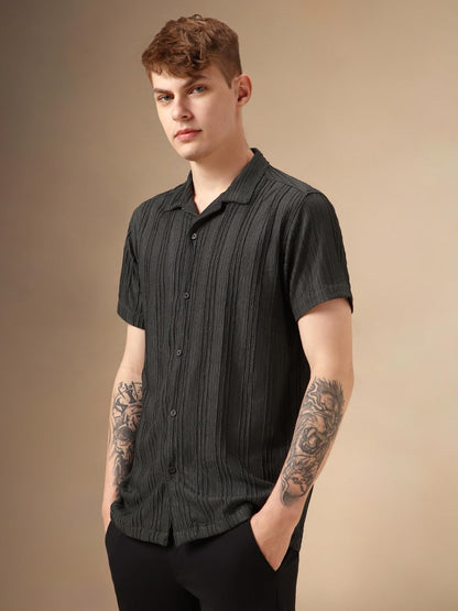 Dennis Lingo Men Navy Blue Poly Seersucker Half Sleeve Shirt Collar Stripes Shirts