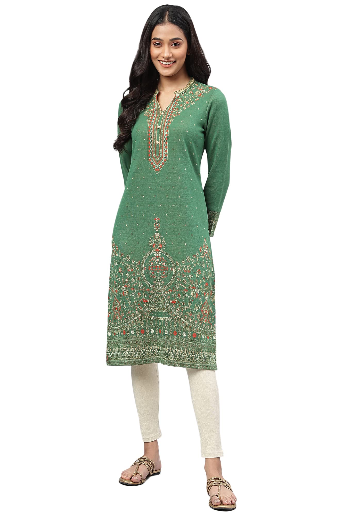 Aurelia Green Ethnic Motif Poly Cotton Regular Kurta With Stones