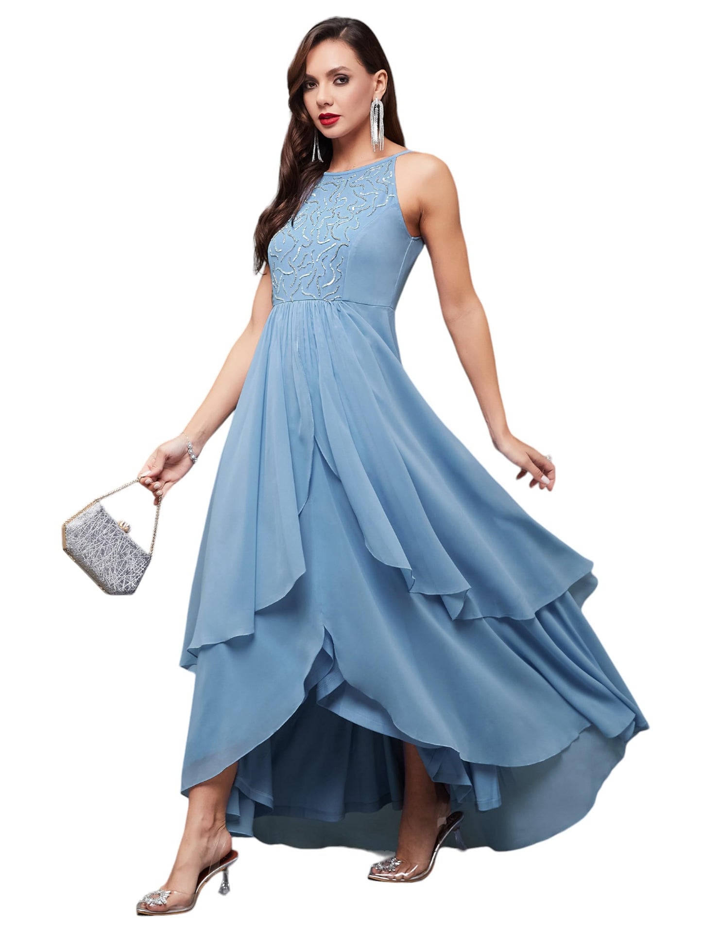 Miss Chase WomenS Halter Neck Sleeveless Embroidered Layered Georgette Maxi Dress (Mcaw21D06-16-167-06, Powder Blue, Xl)