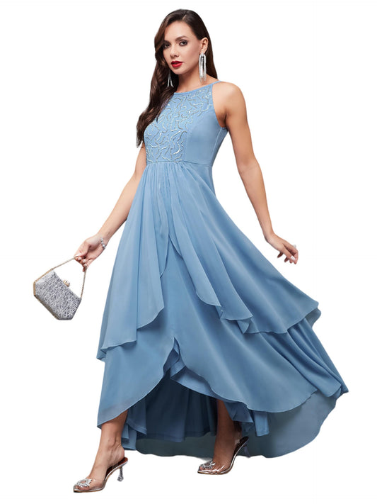 Miss Chase WomenS Halter Neck Sleeveless Embroidered Layered Georgette Maxi Dress (Mcaw21D06-16-167-06, Powder Blue, Xl)