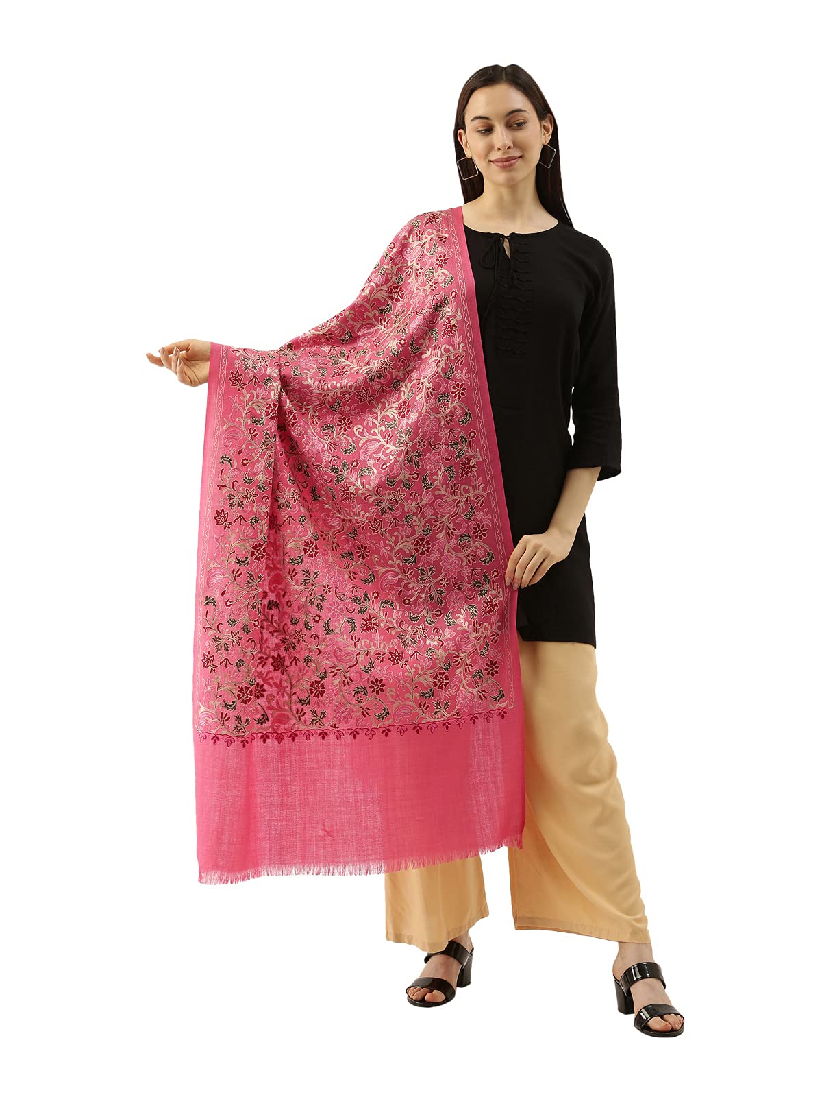 Pashmoda Womens 100% Pure Wool Nalki Embroidered Stole, Shawl and Wrap, Woolmark Certified, Sustainable and Natural Fabric (Size