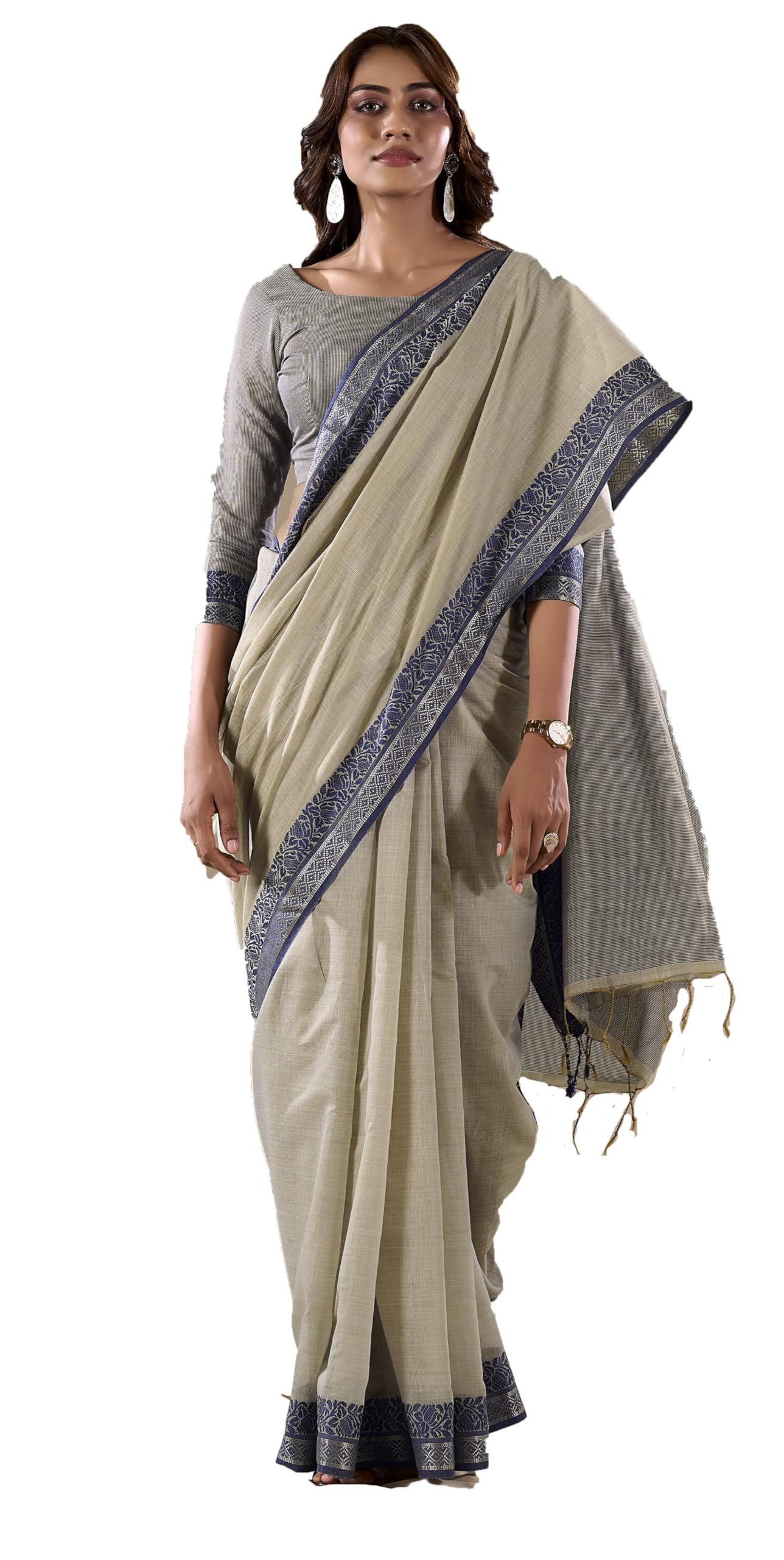 Pujia Mills WomenS Handloom Cotton Saree With Contrast Weaving Border Indian Ethnic Wear Saree Office Wear Cotton Saree With Un