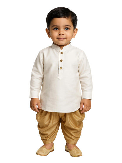 Vastramay Boys White Rose Gold Silk Blend Kurta Dhoti Set - Traditional Ethnic Wear