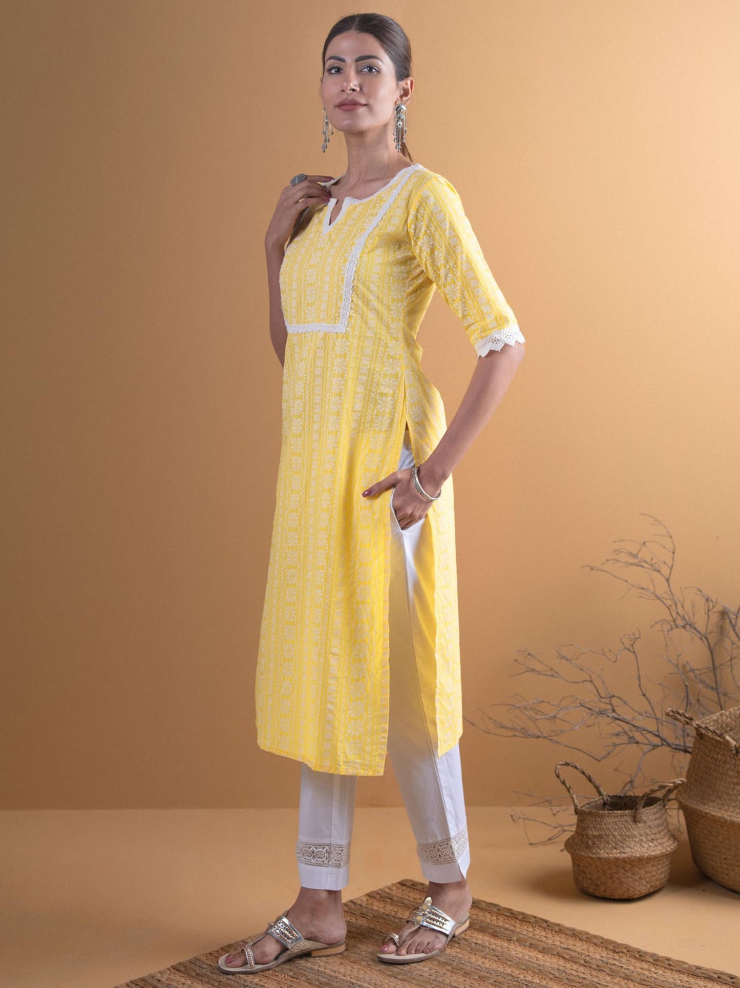 Libas Womens Cotton Straight Kurta (8479MJ_Yellow
