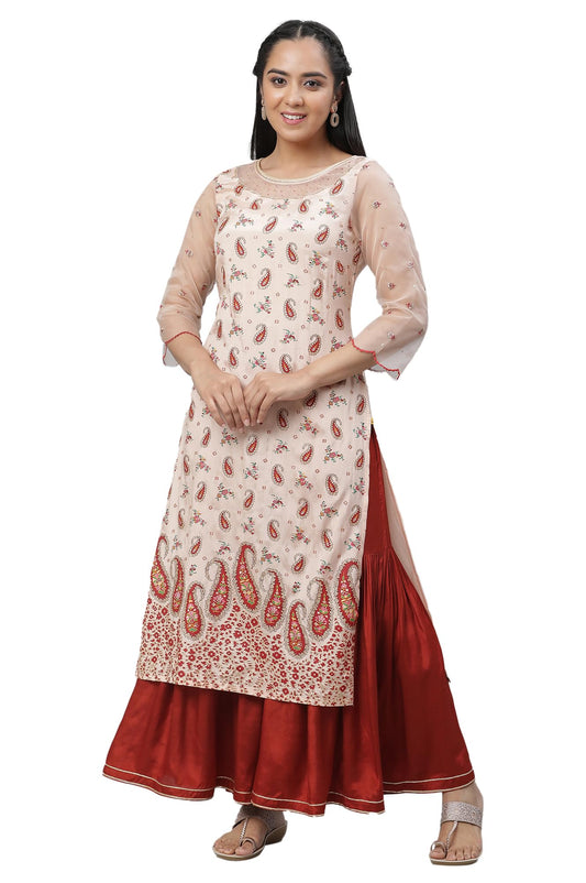 Aurelia WomenS Paisley Printed Zari Straight Long Peach Kurta