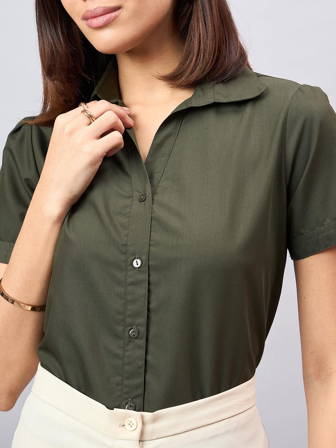 Style Quotient Women Short Sleeves Front Button and Collar Shirt