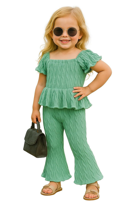 A.T.U.N. (ALL THINGS UBER NICE) Girls Green Textured Knit Peplum Top and Bell Bottom Pants Set | Square Neck Casual Wear for Kid