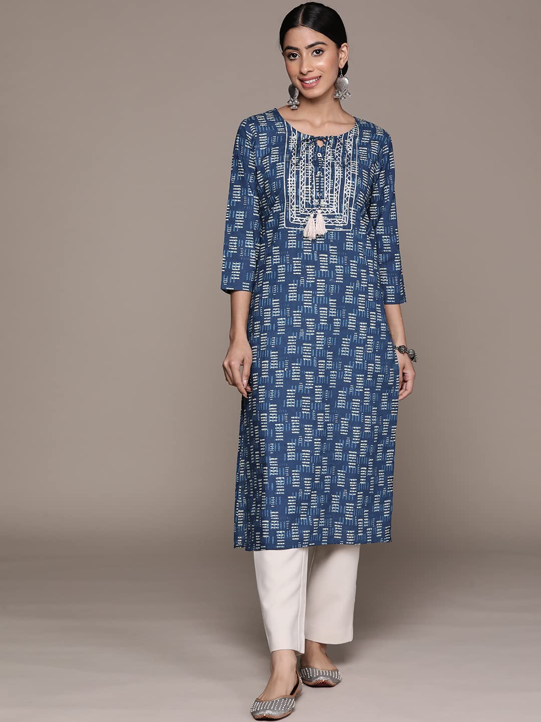 anubhutee Women's Cotton Navy Blue Gota Patti Geometric Printed Straight Kurta