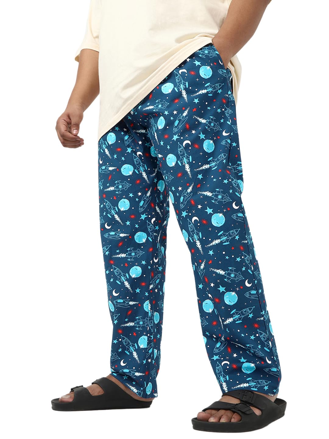 Bewakoof Plus Mens All over printed Regular Fit Poplin Plus Size Pyjama_642215_Blue_5XL