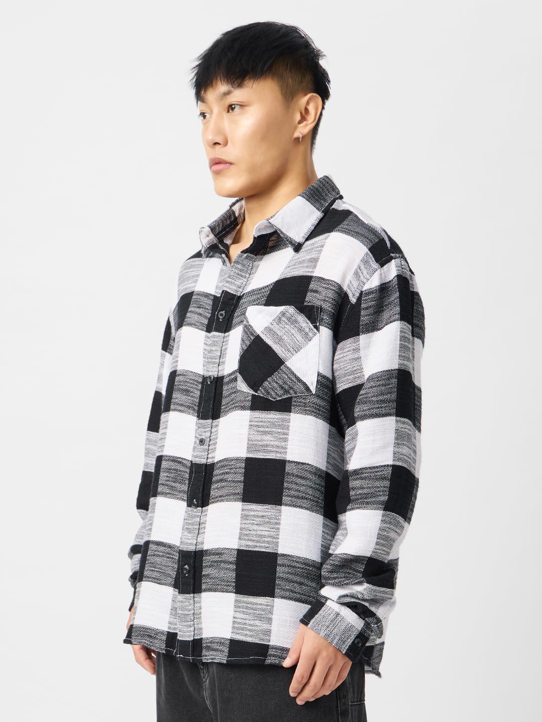 The Souled Store Plaid : Black,White Men and Boys Long Sleeve Collared Neck Button Down Linen Relaxed Fit Check Shirts