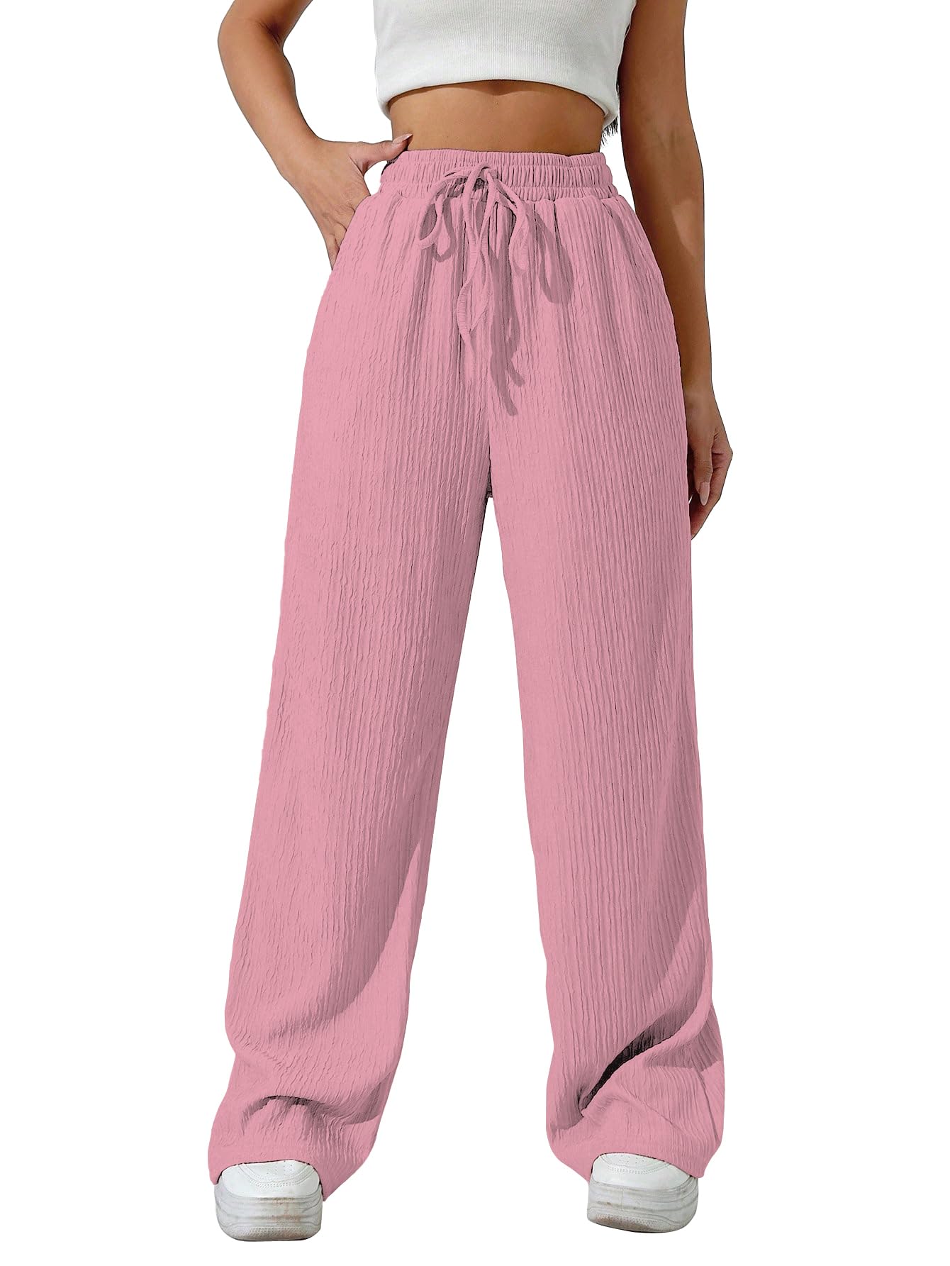 Sugathari Womens Baby Pink Loose Wide-Leg Pants with Textured Wrinkled Fabric and Drawstring Waist Long Trousers (Trouser 157 B