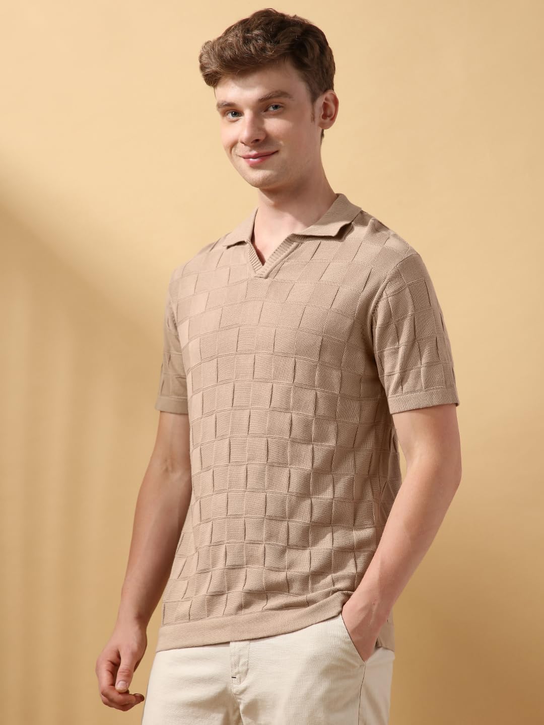 Dennis Lingo Men Beige Textured Half Sleeves Regular Fit T Shirts