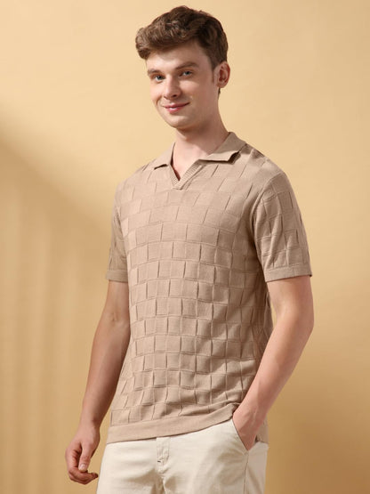 Dennis Lingo Men Beige Textured Half Sleeves Regular Fit T Shirts