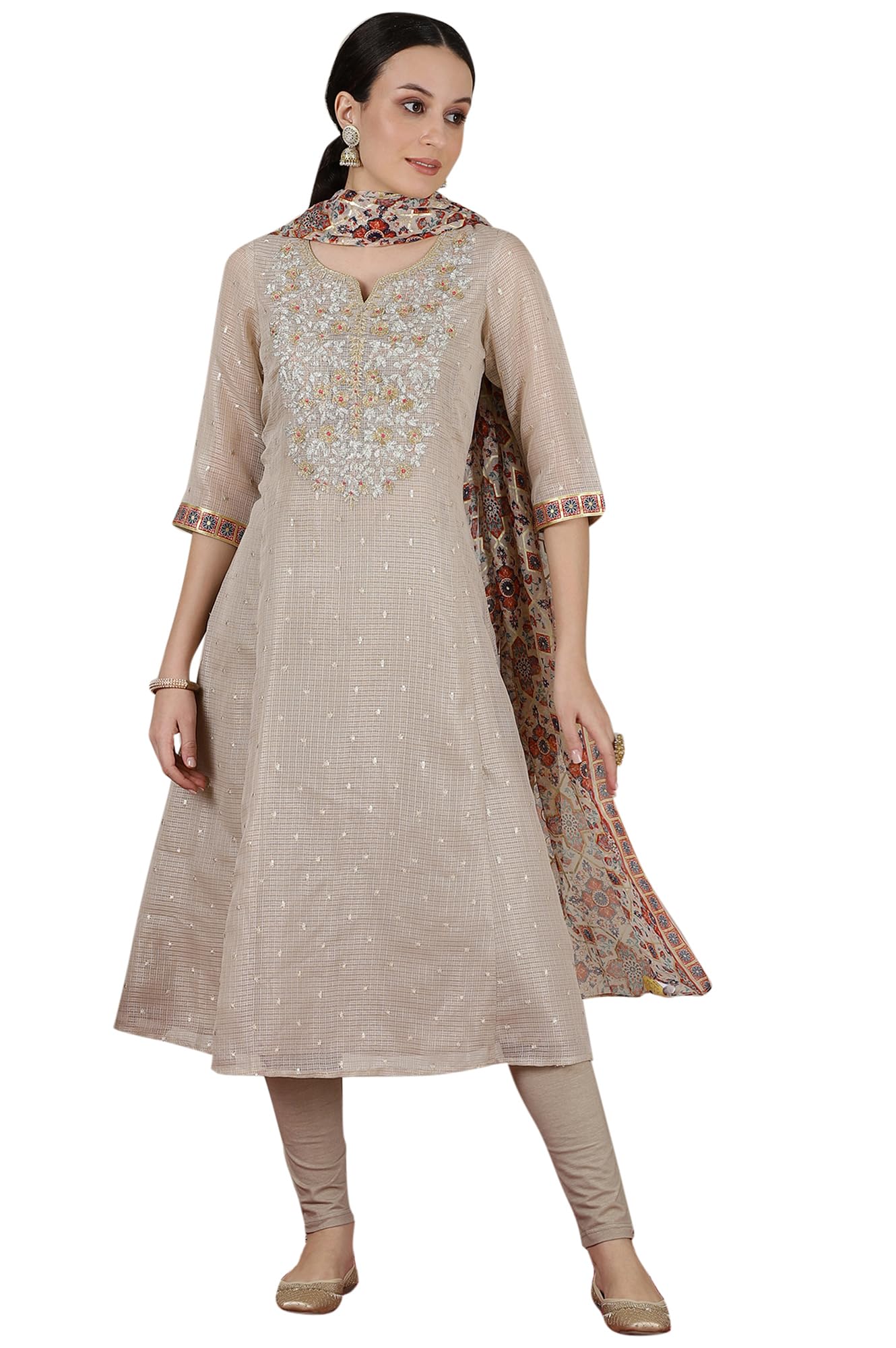 Aurelia WomenS Checked A-Line Kurta Set With Tights And Dupatta For Women