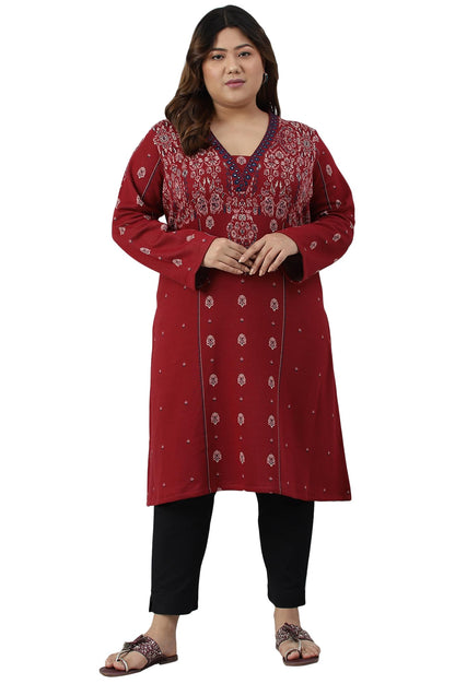 W for Woman Deep Red Embroidered Plus Size Winter Kurta