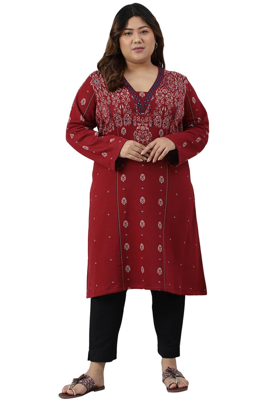 W for Woman Deep Red Embroidered Plus Size Winter Kurta