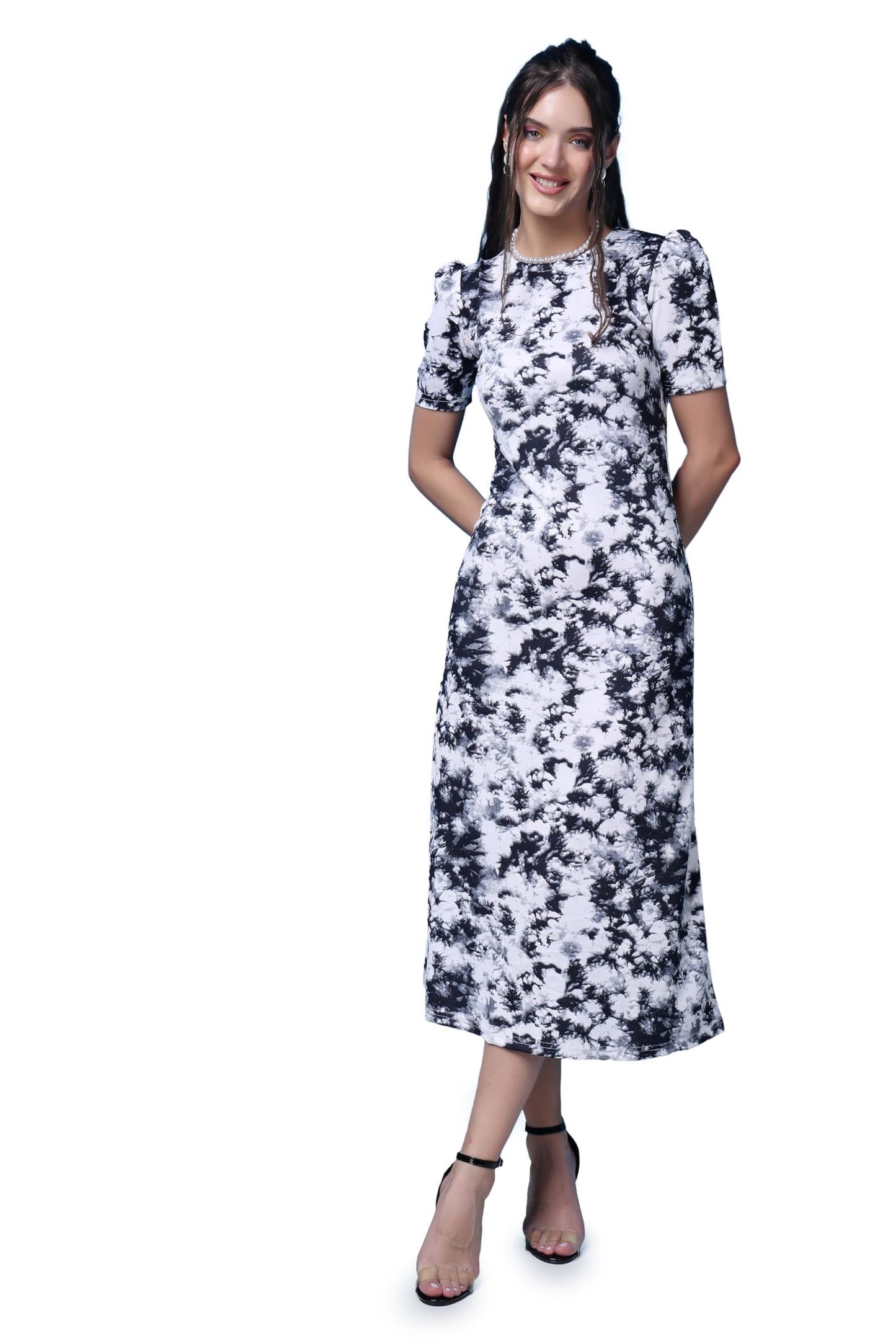 Popwings Casual Abstract Printed Midi Dress For Women | Half-Sleeves Long Dress For Women | Round-Neck Women Stylish Dress