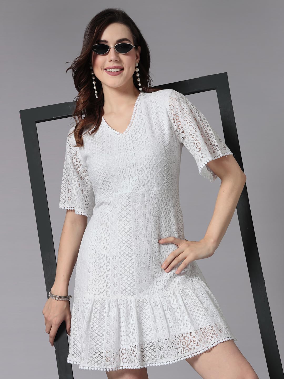 Style Quotient Women Smart Casual White Knee-Length Lace Dress