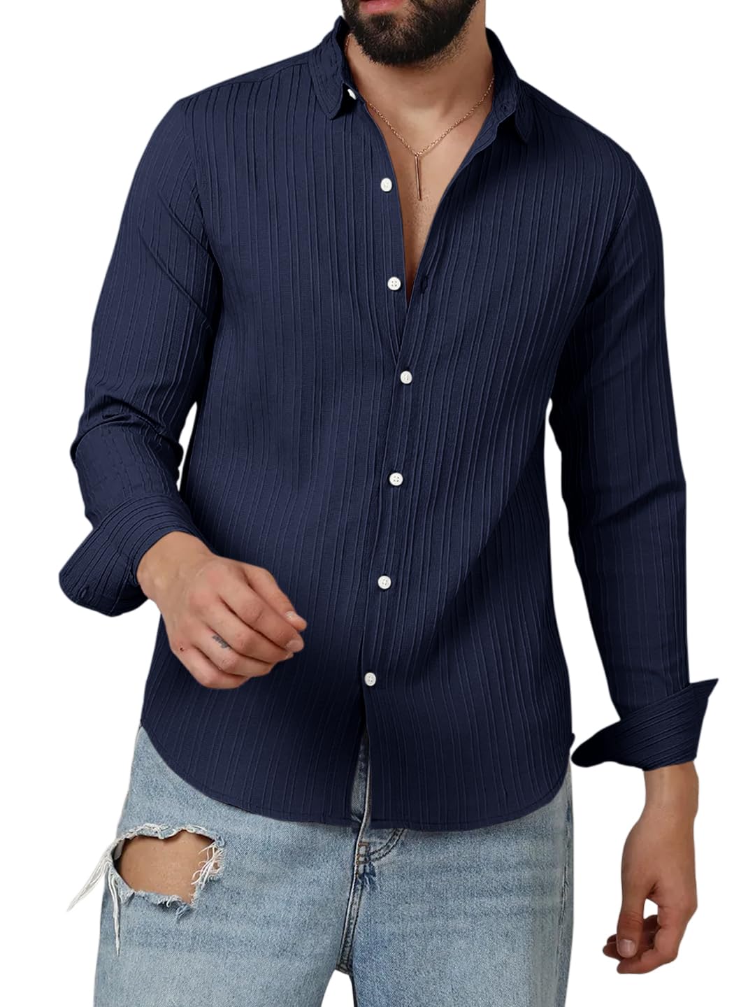 Finivo Fashion MenS Casual Cotton Plain Button Down Shirts Long Sleeve Textured Summer Beach Shirt For Men Navy