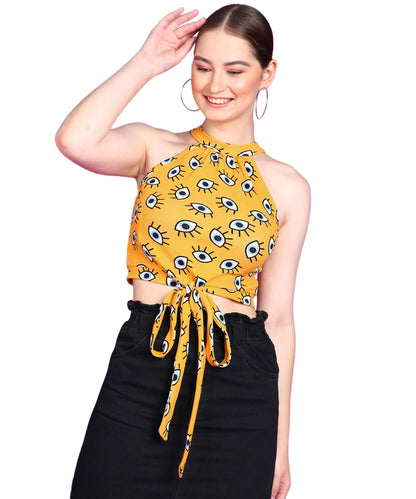 POPWINGS Women Casual Yellow Eye Printed Sleeveless Halter Neck String Knot Crop Top