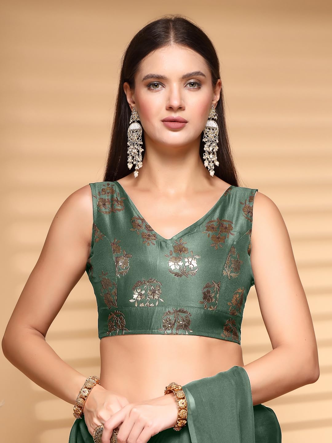 OOMPH! Readymade Blouse for Women, Brocade, Sleeveless, V-Neck, rbbl679